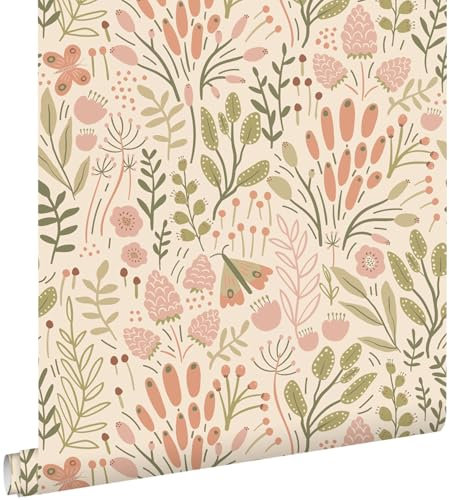 Esta Home papel pintado hojas y flores verde oliva agrisado y rojo barro cocido 50 x 900 cm