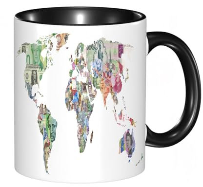 HRRASFAZF Tazza Caffe Latte Te in Ceramica,330 Ml,Tazza Divertente e Originale per Gli,tazza regalo,varie banconote del mondo che illustrano l'economia mondiale a forma di m