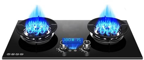 5.2KW 2 Burners Portable Gas Cooktop, Tempered Glass Gas Stove 9 Cavity Fire Burner, Desktop and Recessed Installation Camping Cooktop, for Home Kitchen Motor Home Camp(LPG)