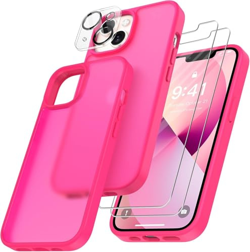 FLLAO Coque 4 en 1 pour iPhone 13 avec 2 films en verre trempé et 1 appareil photo de protection, [coussin d'air intégré] Souple TPU Bumper Protection Cover iPhone 13, rose chaud