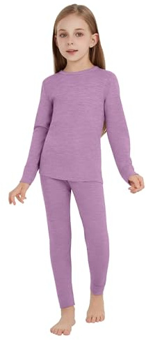 woolcano Ropa interior térmica infantil unisex, 100 % lana merino, juego para niños y niñas, ropa interior de esquí de invierno, cálida y cómoda, 260 g/m², color violeta 9-10