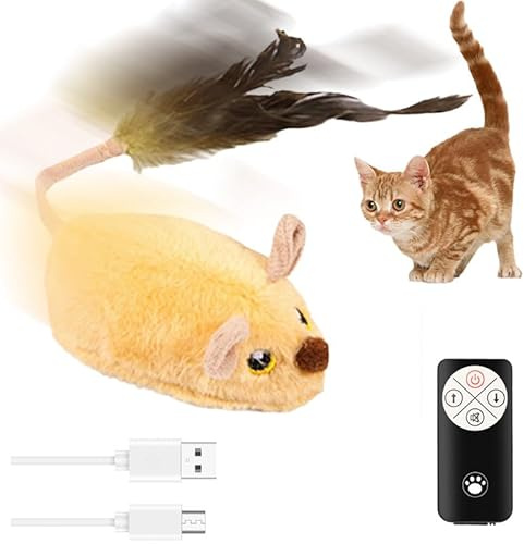 Elektrisch Spielmaus, 2025 Neu Interaktives Katzenspielzeug Maus mit Federschwanz, Magic Maus Katze Interaktives Spielzeug für Katzen Selbstbeschäftigung USB Spielmaus mit Fernbedienung (Gelb)