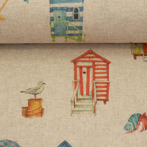 Dekostoff Canvas Leinenoptik – Strand- und Campingmotive – bunt & detailreich – Öko-Tex Standard 100 – Made in Europe – Meterware ab 50 cm – robust & vielseitig (Strandhäuschen)