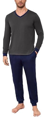 Bresdk Pijama Hombre Invierno Algodon Ropa de Dormir Manga Larga Pantalónes Pijamas Cómodo XXL Gris Azul