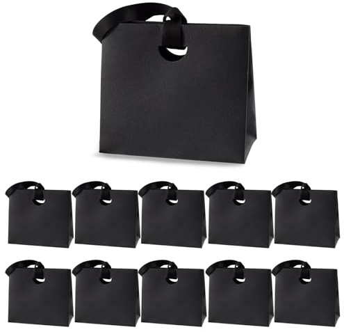 10 Stück Mini Geschenktüten, Geschenktüten mit Henkel 15,5 x 7,5 x 14,5 cm, Klein Papiertüten für Hochzeit Geburtstag Gastgeschenke Kommunion Taufe (Schwarz)