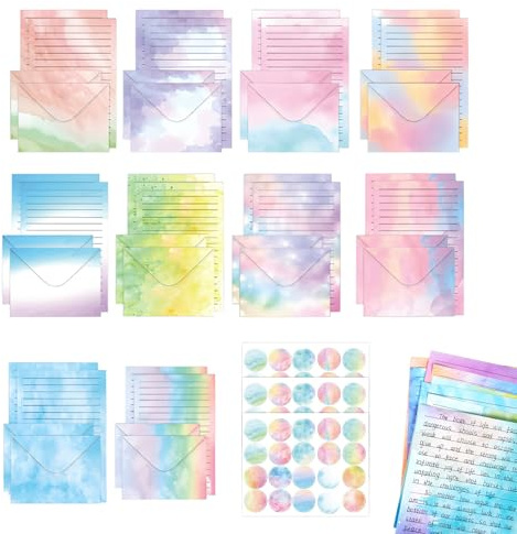 GWAEPU 160 Stück Aquarell Briefpapier mit Umschlag: Briefpapier Set mit Briefpapier Liniert Briefumschlägen A5 und 60 Stickern für Liebesbriefe Briefe Einladungen Grußkarten