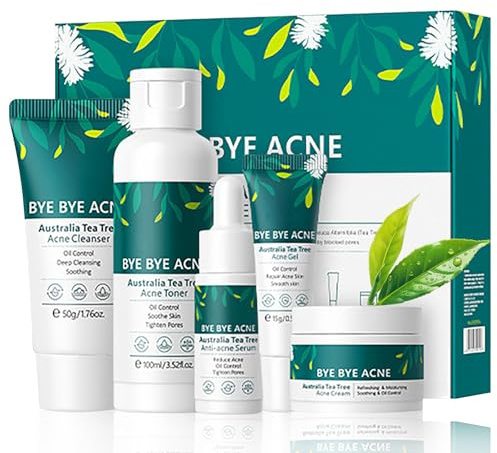Australia Tea Tree Acne Skincare Set - Teen Skincare Gift Set with Cleanser, Toner, Acne Gel, Face Serum & Acne Cream - Anti-Acne & Oil Control Facial Kit - Acne Treatment Kit for Acne-Prone Skin