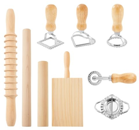 9pcs Pasta Making Tools Set, Wooden & Stainless Steel Pastry Tools, Ravioli Cutter Stamps, Rolling Pins & Gnocchi Board for Homemade Pasta and Pastry Crafting