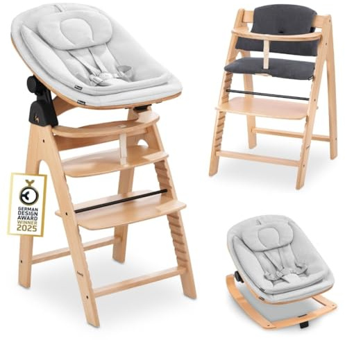 hauck Arketa Hochstuhl Newborn Set mit Eco Bouncer - Buche | Mitwachsender Holz Kinderhochstuhl ab Geburt bis 130 kg | inkl. Baby Neugeborenenaufsatz & Sitzkissen