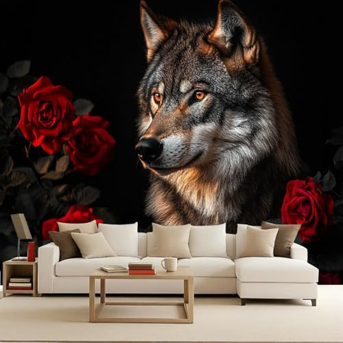 Papel Pintado Pared 3D Papel LoboTejido No Tejido 250x175 cm Rojo Flores Rosa Lobo Fotomurales 3D Tv Fondo Pared Dormitorio Murales Papel Tapiz Animal Moderno