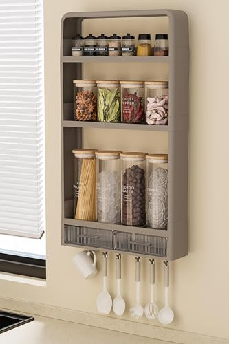 Generisch Modernes Selbstklebendes Wandregal ohne Bohren – Gewürzregal - Küchen & Bad Organizer mit Haken & Schublade | Wasserfestes Regal aus robustem ABS Kunststoff, 40×11×71 cm (Grau)