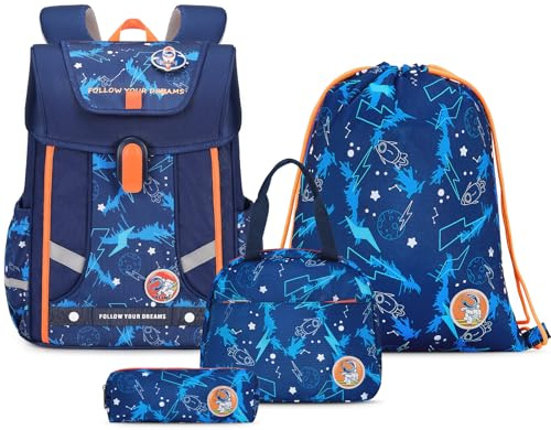 Amythe Set 4-teilig Schulranzen Jungen Ergonomischer, Schulrucksack Jungen der ab 1. Klasse, Rucksack Kinder mit Brustgurt, Reflektoren, Abnehmbarer Gürtel, Weltraum-Motiv