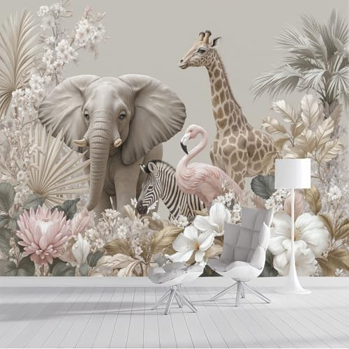 ZISTRCBAO Fotomurales Elefante De La Selva Jirafa 350x256cm, Papel Tapiz Fotográfico Seda Animales De Acuarela, Beige Decoración De Pared Dormitorio Infantil