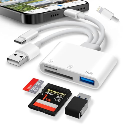 Dalimee 3-Port SD Card Reader for iPhone with Lightning/USB-C/USB-A Connectors, Memory Card Reader with SD, Micro SD and USB Slots, Digital Camera Adapter for iPhone, iPad, MacBook, Android, etc