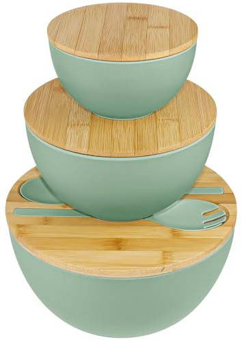 MSYU 3 Pack Salad Bowl with Servers Set Mixing Bowls Solid Bamboo Salad Wooden Bowl with Bamboo Lid Spoon for Fruits, Salads and Decoration (9.8INCH, 7.6INCH, 5.9INCH), Cyan