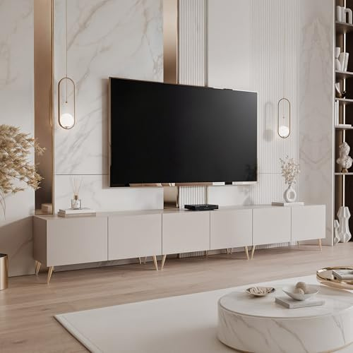 IDOHOME TV Lowboard stehend mit LED und 6 Fächern 300 cm Kaschmir | 300 x 40 x 36 cm, Laminierte Platte, Mehr Stauraum, Push to Open, TV Zubehör, LED Beleuchtung