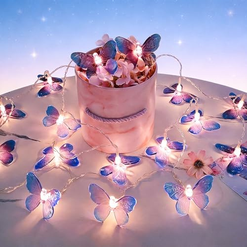 Kaleora Schmetterling Lichterkette, 3M 20 LED Lila Schmetterlinge Lichterketten Innen Batteriebetrieben, Schmetterling Dekorative Lichter für Schlafzimmer, Hochzeits, Partys, Garten, Frühlingsdeko
