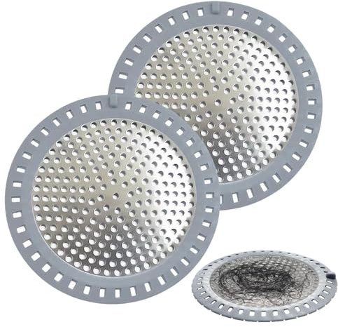 ChAusa 2 piezas de filtro de ducha redondo plano, filtro de pelo de acero inoxidable | 11,8 cm colador de desagüe de silicona para fregadero, baño, cocina, evita la obstrucción de desagües