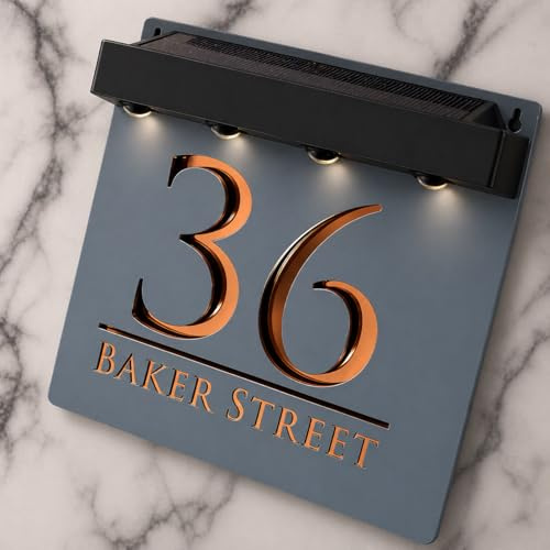 K Smart Sign | Bellissima S1 LED F32 | Square Solar Light House Signs Door Number Plaques With LED Personalised Name Address Sign For Wall With Classic Text (Matt Grey & Copper Mirror)
