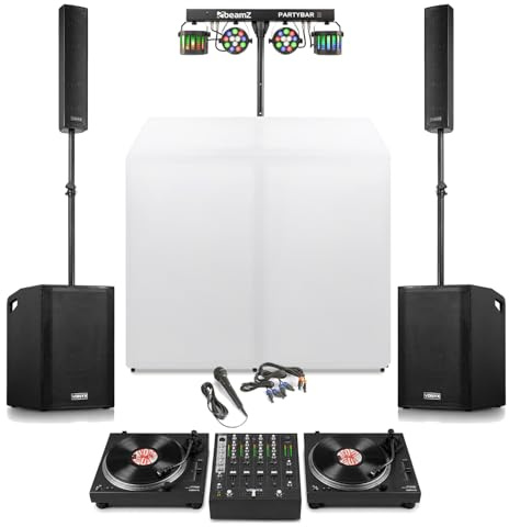 Vonyx Mobile DJ Setup with DT3000 Turntables, 4 Channel Mixer, Column Array PA System, DJ Booth and Party Light Bar, Complete Vinyl DJ Package for Events and Parties