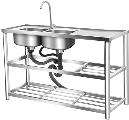 Lavando in acciaio inossidabile a libera installazione, lavello singolo 100x60x80 cm, lavello da cucina rettangolare con piedistallo, lavello mobile per cucina, garage, esterno (120x45x80cm)