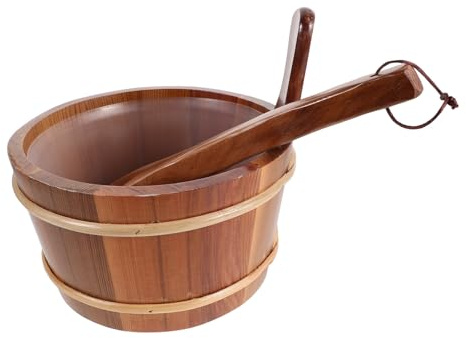 HAPINARY Set D'accessoires Sauna en Bois avec Seau de 4l et Louche Ergonomique, Design Rustique et Rangement Facile, pour Petits Appartements et Salles de Vapeur