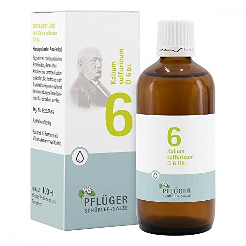 PFLÜGER Schüßler-Salz Nr. 6 Kalium sulfuricum D6 Tropfen, 100 ml | Das Salz des Zellinneren, Schüssler Salze, vegan, glutenfrei, geeignet bei Lactoseintoleranz, Arzneimittel