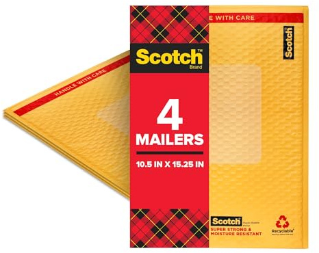 Scotch Plastic Bubble Mailer, 10.5 in x 15.25 in, Size 5, Yellow, 4-Pack