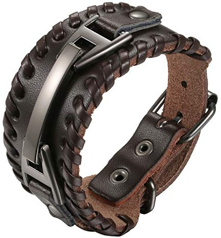 Cupimatch Läderarmband för män, brett omlottarmband, flätat armband armband rep pojkar längd justerbar, brun svart, 15 centimeters, Läder, Utan sten