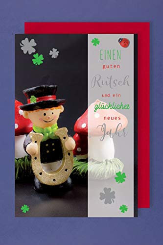 Neujahr Silvester Karte Grußkarte Foliendruck Glückspilz Hufeisen 16x11cm