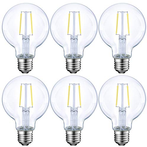 E ENERGETIC LIGHTING Dimmable LED Edison Light Bulb, G25 (G80) Globe Shape, Clear Glass, 40 Watt Equivalent, 2700K Soft White, Christmas Light, E26 Standard Base, ETL Listed, 6-Pack