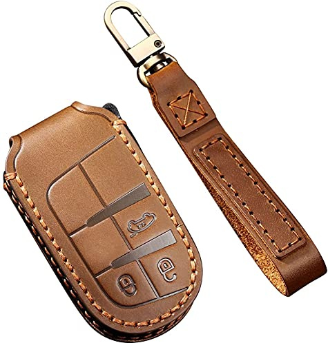 ontto Autoschlüssel Hülle Passt für Chrysler 300C Renegade Compass Grand Cherokee Dodge FIAT 500X Fernbedienung Cover Leder Schlüsselhülle Schlüsselanhänger Schlüssel Schutz Etui 3 Taste-Braun