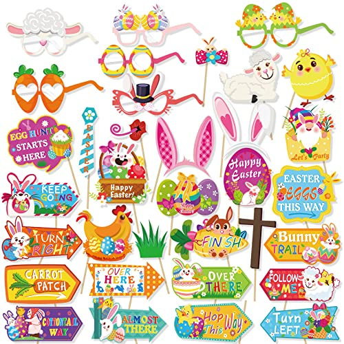 DPKOW 34pcs Divertidas Pascua Fiestas Accesorios Decoración, Pascua Huevos Caza Flechas Señales, Pascua Photo Booth Props Accesorios, Pascua Fiesta Gafas, para Niños Adultos Pascua Artículos Regalo