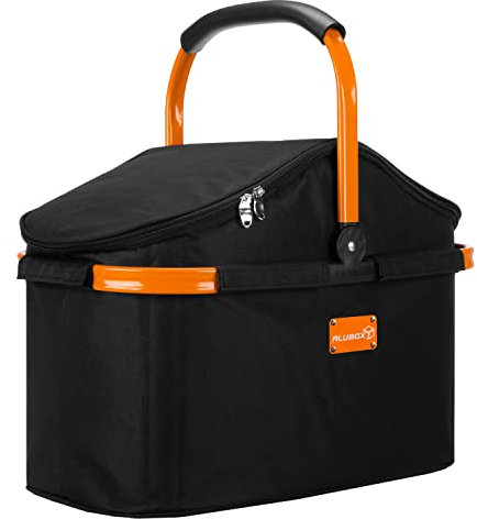 ALUBOX Einkaufskorb 25 Liter Black Edition Isolierkorb Picknick Kühlkorb - Polyester schwarz, Rahmen Aluminium orange