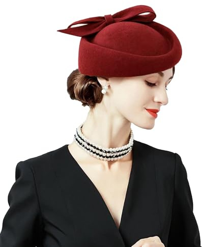 ORIDOOR Pillbox-Hut im britischen Stil für Damen, Kirche, Hochzeit, Winter, Vintage-Fascinator, Baskenmütze aus 100 % Wollfilz mit Schleier, 03b-wine, Einheitsgröße