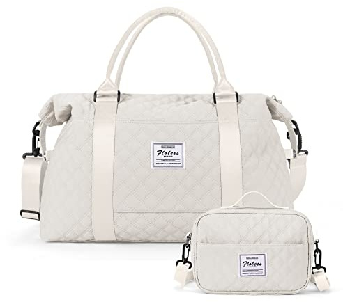 Reisetasche Damen Sporttasche Handgepäck Tasche,Weekend Bag mit Kulturbeutel&Nasstasche,Wasserdicht Schwimmtasche Travel Duffle Bag,Fitnesstasche Trainingstasche Frauen Tragetasche, Beige