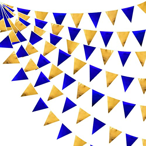 Royal Blue Gold Party Decoration Navy Blue Gold Triangle Pennant Banner Flag Metallic Fabric Bunting Garland for Graduation Birthday Wedding Retirement Bridal Shower Nautical Ahoy Achor Party Supplies