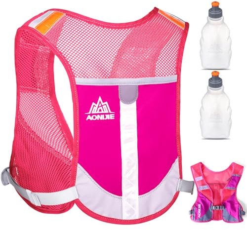 HINATAA Laufrucksack, leicht, Trinkrucksack, 5 l, 230 g, Laufen, Trinkweste für Damen und Herren, zum Radfahren, Laufen, Camping, Wandern (Rosa mit 2 Wasserflaschen)