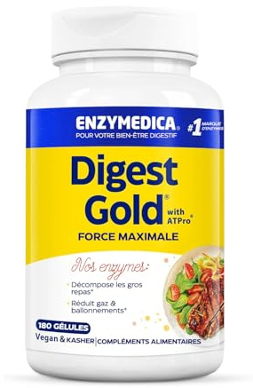 Enzymedica, Digest Gold, Fórmula Enzimática de Acción Rápida, Reduce los Gases y la Hinchazón, Mejora la Absorción de Nutrientes y la Energía, Sin Gluten, Sin Lácteos, Vegano, 180 Cápsulas