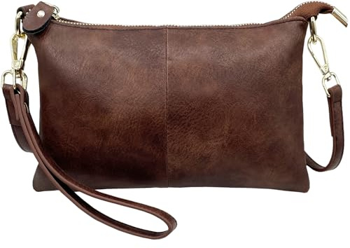 lifwimner Sac à bandoulière pour femme - Petit sac à main - En cuir - Avec dragonne, Cuir végétalien café