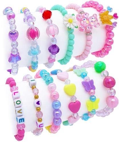 SIELEVIN 12 PCS Kids Bracelets for Girls Jewelry Little Girl Beaded Bracelets Flower Butterfly LOVE Letter Pink Princess Pretend Play Party Favor Easter Christmas Birthday Gift