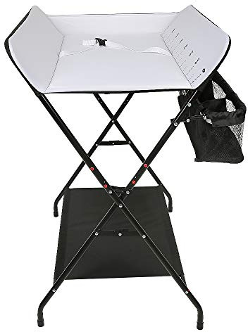 mobiler Wickeltisch mit Wickelaufsatz, Wickelkommode klappbar höhenverstellbar, Wickelkombi mit Sicherheitsgurt Aufbewahrungskorb Kleiderstange-79 * 55,5 * 96 cm (cremefarben)