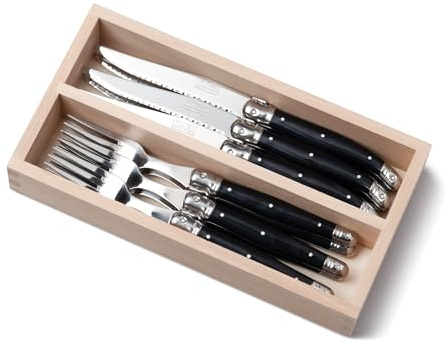 Andre Verdier Laguiole 12 Piece Steak Knife and Fork Set for 6 People in a Wodden Display Tray - Black