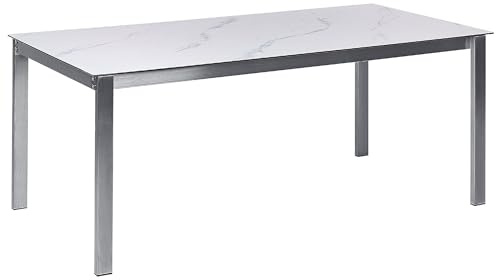 Beliani Gartentisch Glas Keramik weiß Marmor-Optik 180x90 cm Edelstahlgestell Cosoleto