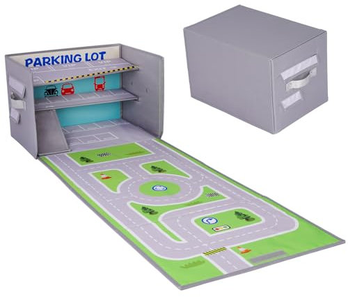 Edsnor Spielzeug Garage für Autos - 3 in1 Box für Spielzeugautos, Auto Parkhaus Kinder und Spielteppich (Nicht enthalten Autos)
