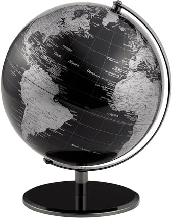 Globe terrestre de 25 cm de diamètre - Planet - Base en métal noir - Axe mobile - Noir Argent - TROIKA original