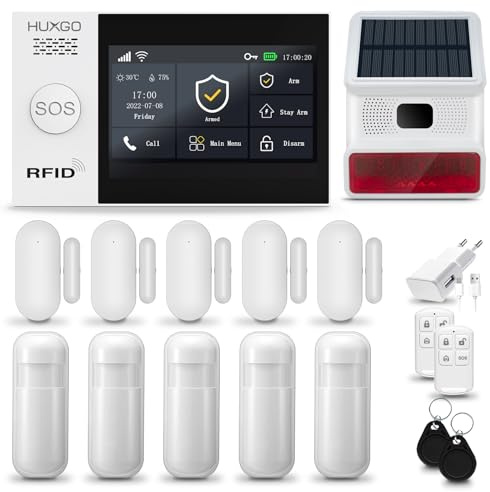 HUXGO® HXA007 Alarmanlage Haus WiFi + GSM 4G mit Solar Funk Sirene | Wohnungsschutz mit App. TUYA | Alarm System mit 5X Bewegungsmelder, 5X Tür- und Fenstersensor | Alarmanlage für Wohnmobile