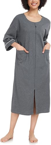 COLORFULLEAF Damen Bademantel mit Reissverschluss 100% Baumwolle Leicht Morgenmantel Hausmantel Damen Lang mit Taschen M-XXL(Dunkelgrau,XL)