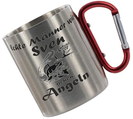 Crealuxe Edelstahltasse mit Karabiner 'Echte Männer wie Name gehen Angeln' Tasse personalisiert, Kaffeetasse, Bürotasse, Metalltasse mit Name, Geschenk