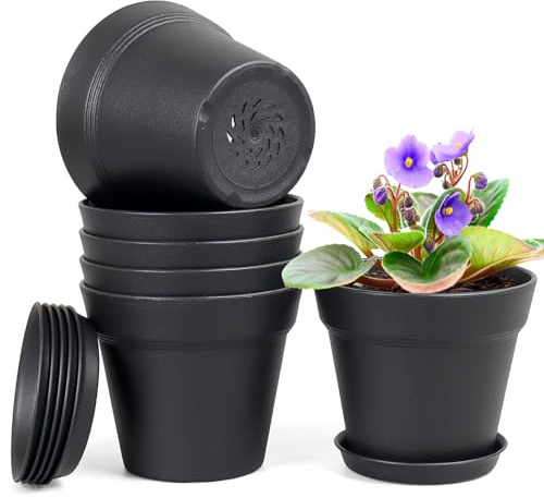 Homeuouz 6 Packs Blumentopf mit Untersetzer, 12.5cm Pflanzentopf, Plastik Übertopf mit Mehrere Ablauflöchern, Hydrokultur Topf, Blumentöpfe Set Ideal für Innen und Balkongärten,Schwarz